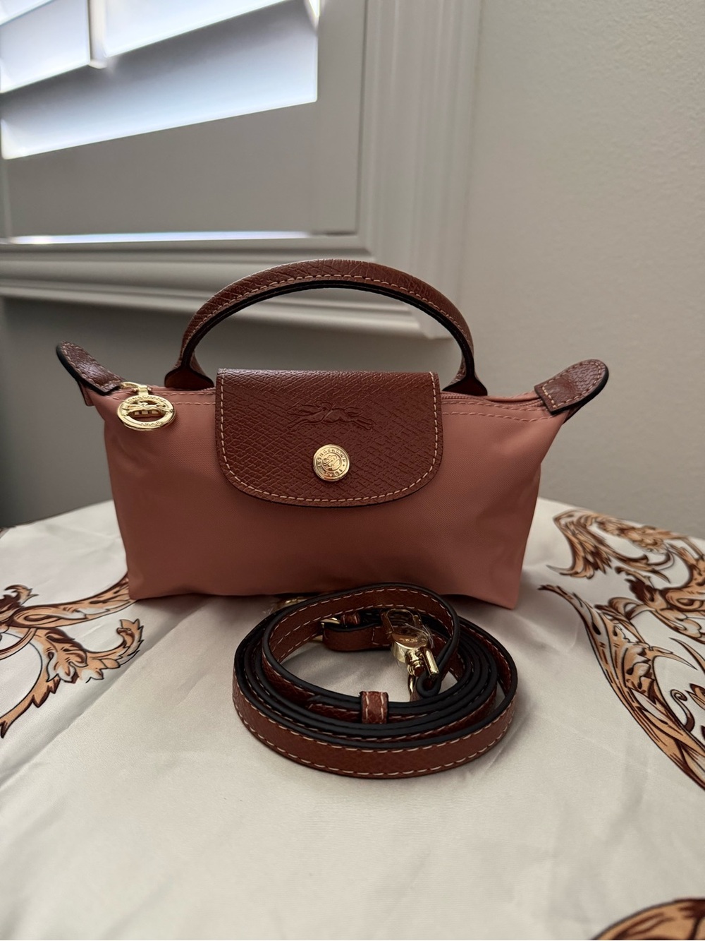 Longchamp Mini Top-Handle Crossbody in Brown and Dusty Pink